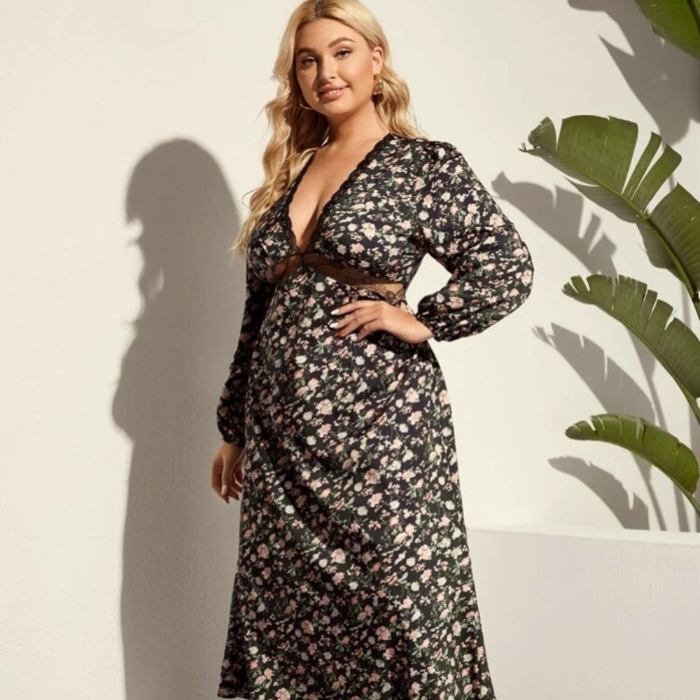 NEW!! Shein contrast lace floral print midi dress